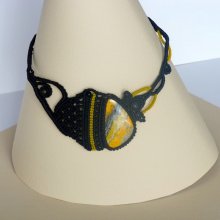 Black/yellow micro-macramé necklace with a natural stone, the jasper 